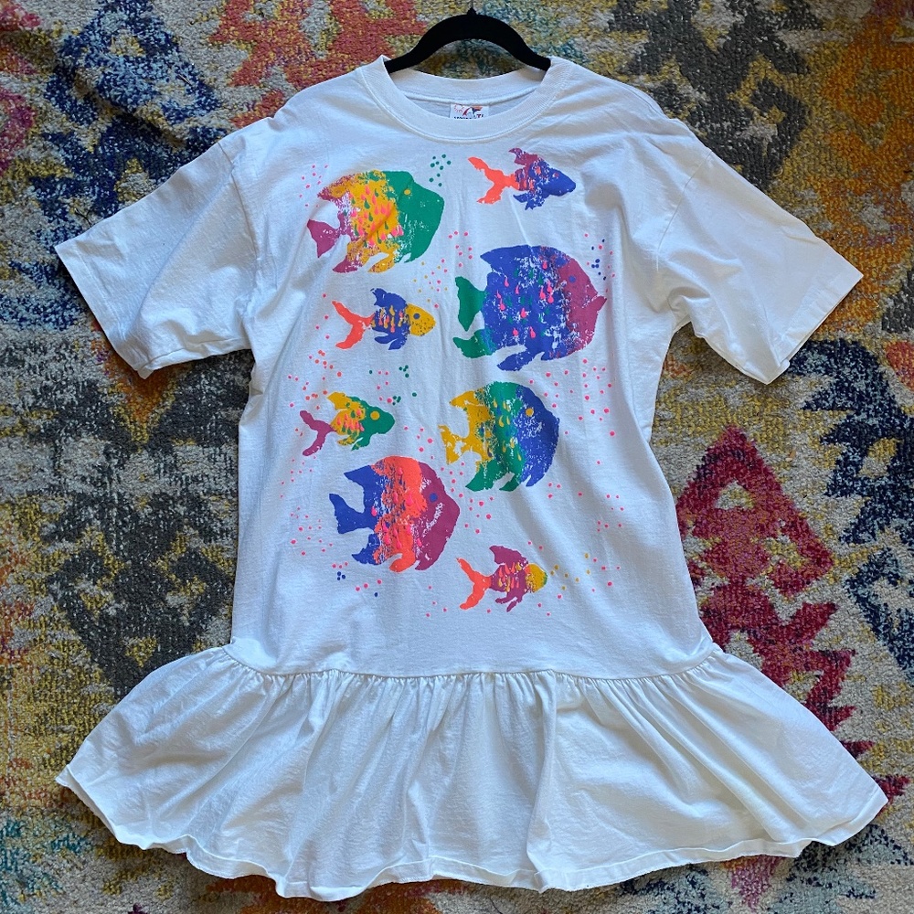 Funky fish t-shirt dress with drop waist and flared skirt